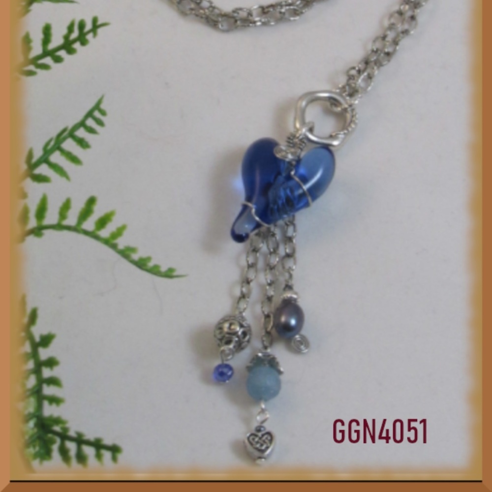 Blue Heart Necklace 26" silvertone  One of a Kind